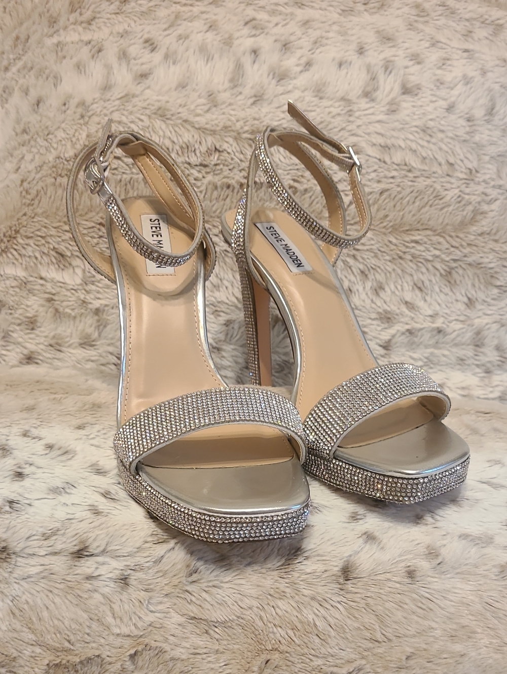 Steve Madden Silver Rhinestone Platform Ankle-Strap Heels